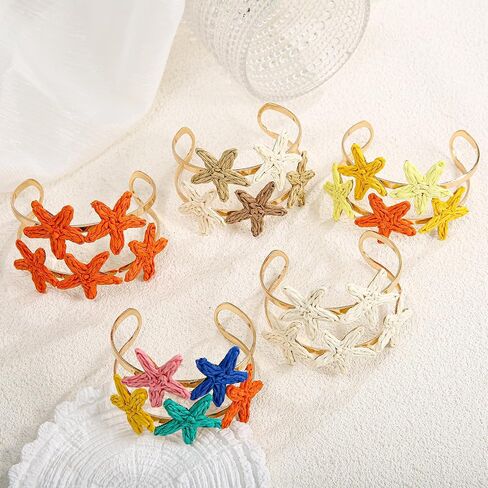 Handmade Raffia Starfish Cuff Bracelet for Women - Colorful Adjustable Wide Open Bangle, Statement Tropical Beach Jewelry in Saudi Arabia