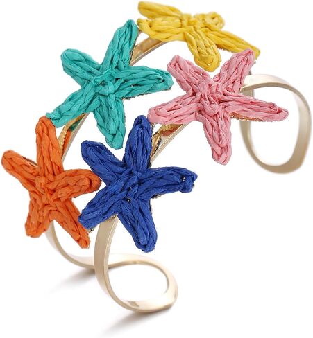 Handmade Raffia Starfish Cuff Bracelet for Women - Colorful Adjustable Wide Open Bangle, Statement Tropical Beach Jewelry in Saudi Arabia