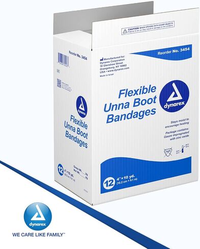 Dynarex 3454 Unna Boot Bandage, Individually Packaged, Provides Customized Compression, With Zinc Oxide, Soft Cast, 4" x 10 Yard, Pack of 12 in Saudi Arabia
