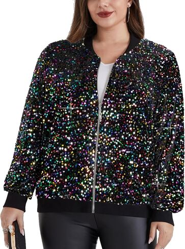 Hanna Nikole Women Plus Size Sequin Bomber Jacket Casual Long Sleeve Sparkly Blazer Bomber Jacket with Pockets for Party in Saudi Arabia