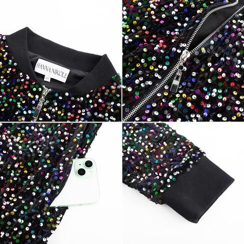 Hanna Nikole Women Plus Size Sequin Bomber Jacket Casual Long Sleeve Sparkly Blazer Bomber Jacket with Pockets for Party in Saudi Arabia