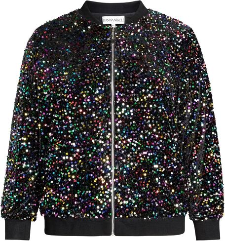 Hanna Nikole Women Plus Size Sequin Bomber Jacket Casual Long Sleeve Sparkly Blazer Bomber Jacket with Pockets for Party in Saudi Arabia