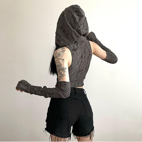 Hooded Off Shoulder Gothic Bodycon Top with Sleeve in Kuwait
