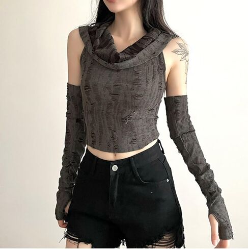 Hooded Off Shoulder Gothic Bodycon Top with Sleeve in Kuwait