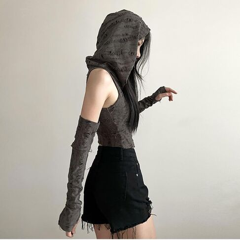 Hooded Off Shoulder Gothic Bodycon Top with Sleeve in Kuwait
