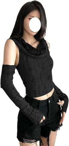 Hooded Off Shoulder Gothic Bodycon Top with Sleeve in Kuwait