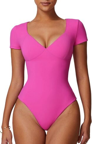 Womens V Neck Short Sleeve Bodysuit Double Lined Seamed Cup Basic T Shirts in Saudi Arabia