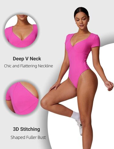Womens V Neck Short Sleeve Bodysuit Double Lined Seamed Cup Basic T Shirts in Saudi Arabia