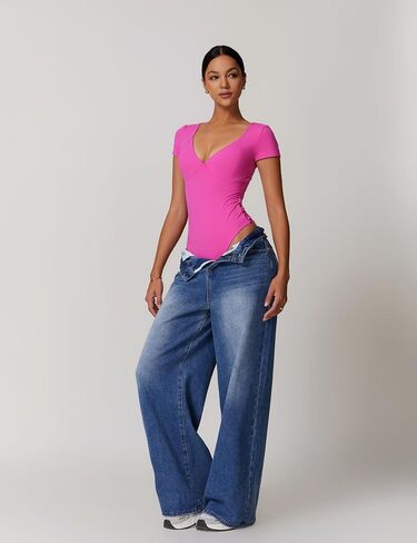 Womens V Neck Short Sleeve Bodysuit Double Lined Seamed Cup Basic T Shirts in Saudi Arabia
