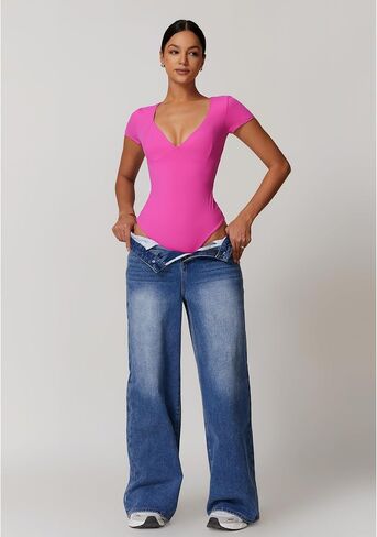 Womens V Neck Short Sleeve Bodysuit Double Lined Seamed Cup Basic T Shirts in Saudi Arabia