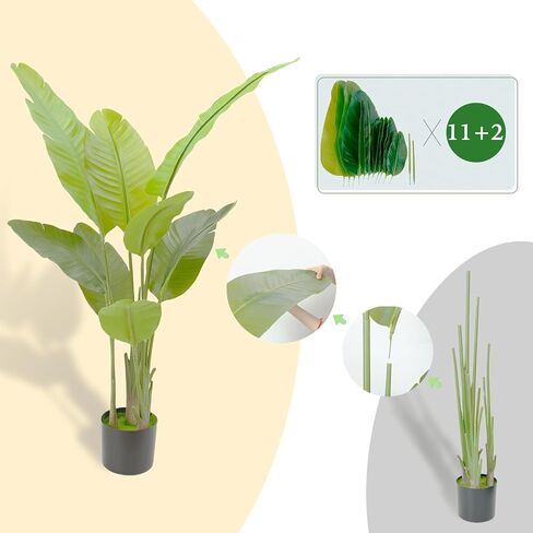 5.2FT Artificial Bird of Paradise Plant, Faux Artificial Trees, Tall Fake Realistic Tree, 10 Trunks Silk Leaf Plant with Plastic Pot for Home Office Decor Indoor Outdoor Modern Decoration in Kuwait