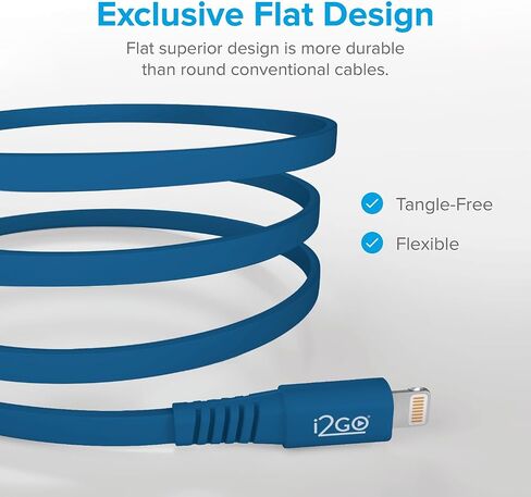 I2GO Lightning Flat Cable (4ft) - شاحن iPhone معتمد من MFI ، متوافق مع iPhone 14/13/12/11 ، iPad & More - Black in Saudi Arabia