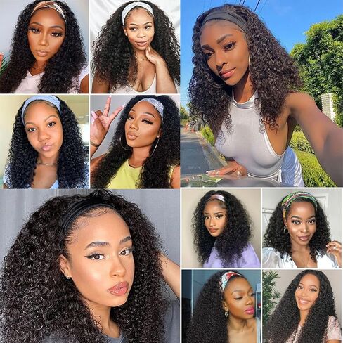 Curly Headband Wig Human Hair 18 Inch Headband Wigs for Black Women Human Hair Glueless Wear and Go Human Hair Headband Wig Curly 180% Density Natural Black in Saudi Arabia