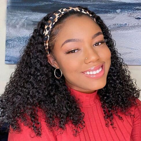 Curly Headband Wig Human Hair 18 Inch Headband Wigs for Black Women Human Hair Glueless Wear and Go Human Hair Headband Wig Curly 180% Density Natural Black in Saudi Arabia