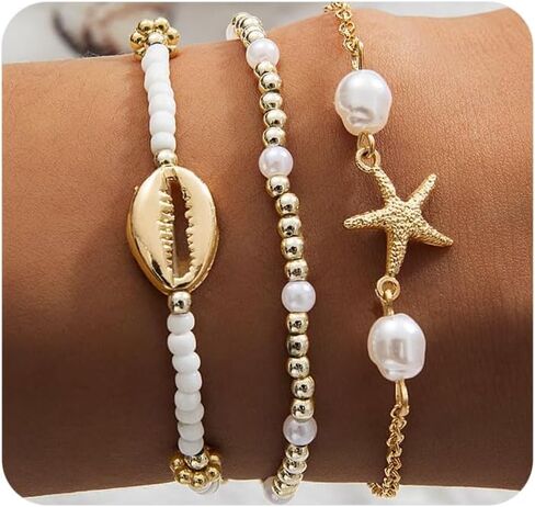 Beach Jewelry Accessories for Women,Trendy Gold Seashell Starfish Bracelet Set Charm Pearl Beaded Layered Bracelets,Boho Stackable Stretch Bracelets in Kuwait