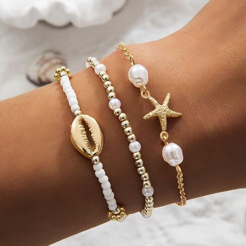 Beach Jewelry Accessories for Women,Trendy Gold Seashell Starfish Bracelet Set Charm Pearl Beaded Layered Bracelets,Boho Stackable Stretch Bracelets in Kuwait