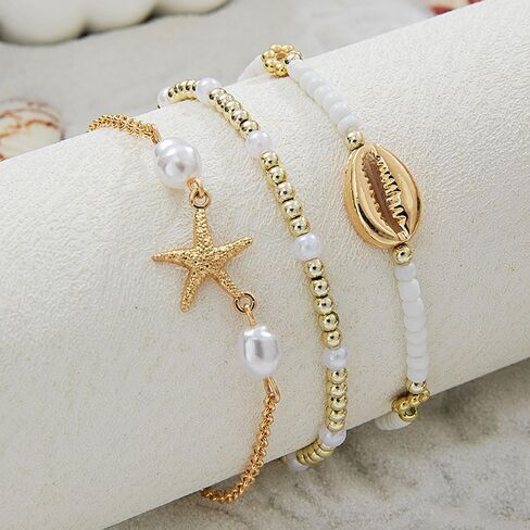 Beach Jewelry Accessories for Women,Trendy Gold Seashell Starfish Bracelet Set Charm Pearl Beaded Layered Bracelets,Boho Stackable Stretch Bracelets in Kuwait