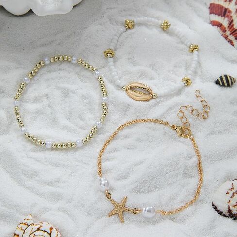 Beach Jewelry Accessories for Women,Trendy Gold Seashell Starfish Bracelet Set Charm Pearl Beaded Layered Bracelets,Boho Stackable Stretch Bracelets in Kuwait