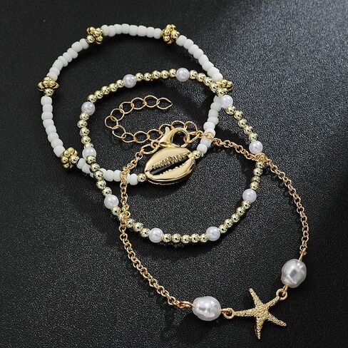 Beach Jewelry Accessories for Women,Trendy Gold Seashell Starfish Bracelet Set Charm Pearl Beaded Layered Bracelets,Boho Stackable Stretch Bracelets in Kuwait