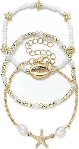 Beach Jewelry Accessories for Women,Trendy Gold Seashell Starfish Bracelet Set Charm Pearl Beaded Layered Bracelets,Boho Stackable Stretch Bracelets in Kuwait