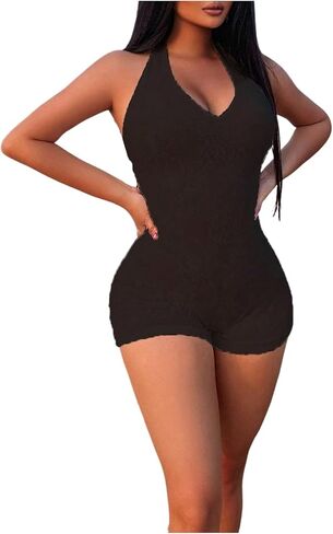 WDIRARA Women's Halter Tie Backless Shorts Romper Lace Up Bodycon Jumpsuit One Piece Outfits in Saudi Arabia