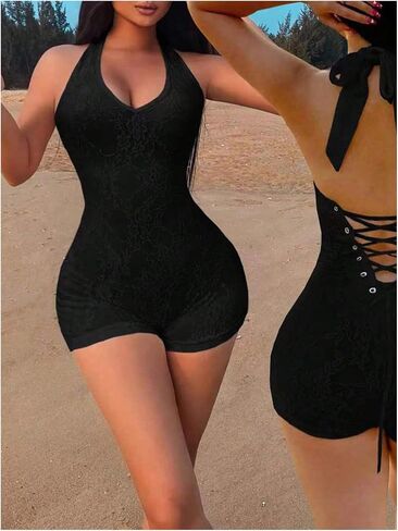 WDIRARA Women's Halter Tie Backless Shorts Romper Lace Up Bodycon Jumpsuit One Piece Outfits in Saudi Arabia