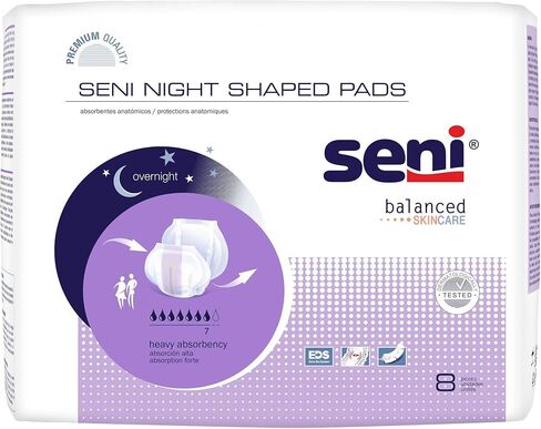 Seni Night Shaped Pads, 27" Length, Heavy Absorbency Incontinence Pads with a Super Absorbent Core, 48 Count (6 Packs of 8) Unisex, Breathable with Extra Dry System in Kuwait
