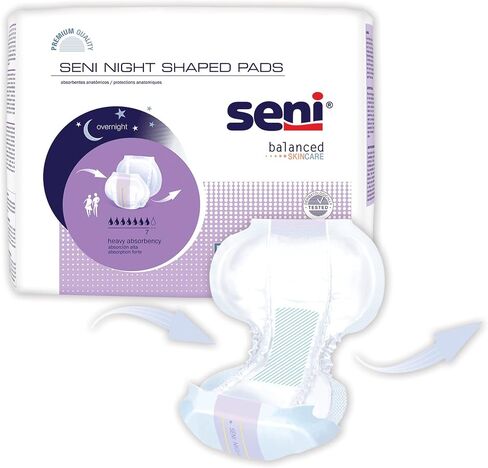Seni Night Shaped Pads, 27" Length, Heavy Absorbency Incontinence Pads with a Super Absorbent Core, 48 Count (6 Packs of 8) Unisex, Breathable with Extra Dry System in Kuwait