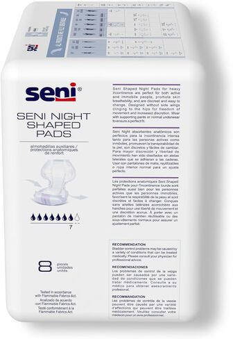 Seni Night Shaped Pads, 27" Length, Heavy Absorbency Incontinence Pads with a Super Absorbent Core, 48 Count (6 Packs of 8) Unisex, Breathable with Extra Dry System in Kuwait