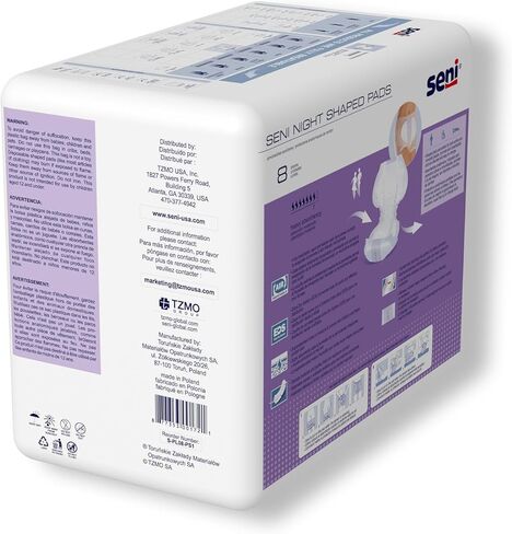 Seni Night Shaped Pads, 27" Length, Heavy Absorbency Incontinence Pads with a Super Absorbent Core, 48 Count (6 Packs of 8) Unisex, Breathable with Extra Dry System in Kuwait