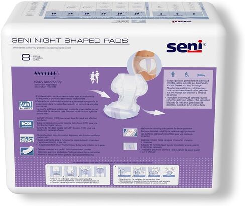 Seni Night Shaped Pads, 27" Length, Heavy Absorbency Incontinence Pads with a Super Absorbent Core, 48 Count (6 Packs of 8) Unisex, Breathable with Extra Dry System in Kuwait