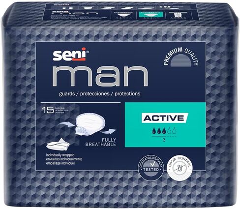Seni Man Active Guards, Male Incontinence Bladder Control Pads, 8-9/10" x 10-3/5", 30 Count (2 Packs of 15), Moderate Absorbency with Adhesive Strip and Super Absorbent Core, for Men in Kuwait
