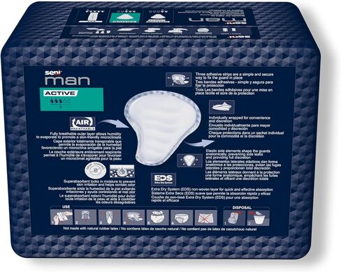 Seni Man Active Guards, Male Incontinence Bladder Control Pads, 8-9/10" x 10-3/5", 30 Count (2 Packs of 15), Moderate Absorbency with Adhesive Strip and Super Absorbent Core, for Men in Kuwait