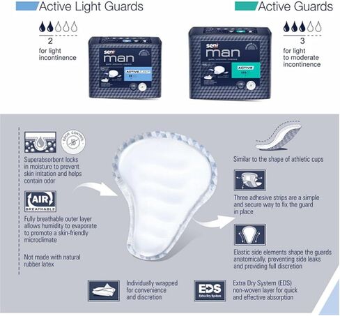 Seni Man Active Guards, Male Incontinence Bladder Control Pads, 8-9/10" x 10-3/5", 30 Count (2 Packs of 15), Moderate Absorbency with Adhesive Strip and Super Absorbent Core, for Men in Kuwait
