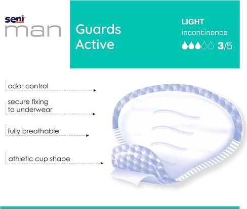 Seni Man Active Guards, Male Incontinence Bladder Control Pads, 8-9/10" x 10-3/5", 30 Count (2 Packs of 15), Moderate Absorbency with Adhesive Strip and Super Absorbent Core, for Men in Kuwait