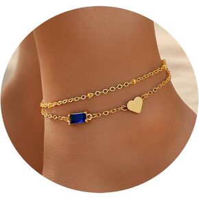 GolbalJew Birthstone Anklet with Heart Charm Layer Ankle Bracelet for Women, 14K Gold Plated Adjustable Chain Stackable Trendy Jewelry Gift for Her, Mom, Friend, Wife in Kuwait
