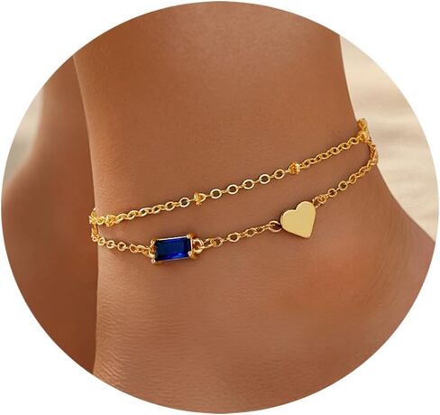 GolbalJew Birthstone Anklet with Heart Charm Layer Ankle Bracelet for Women, 14K Gold Plated Adjustable Chain Stackable Trendy Jewelry Gift for Her, Mom, Friend, Wife in Kuwait