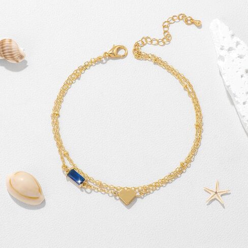 GolbalJew Birthstone Anklet with Heart Charm Layer Ankle Bracelet for Women, 14K Gold Plated Adjustable Chain Stackable Trendy Jewelry Gift for Her, Mom, Friend, Wife in Kuwait