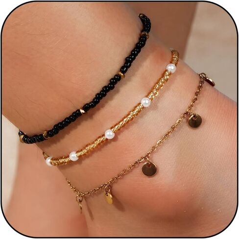 FANCY SHINY Beaded Ankle Bracelets Gold Stainless Steel Anklets Adjustable Boho Anklet Set for Women in Saudi Arabia