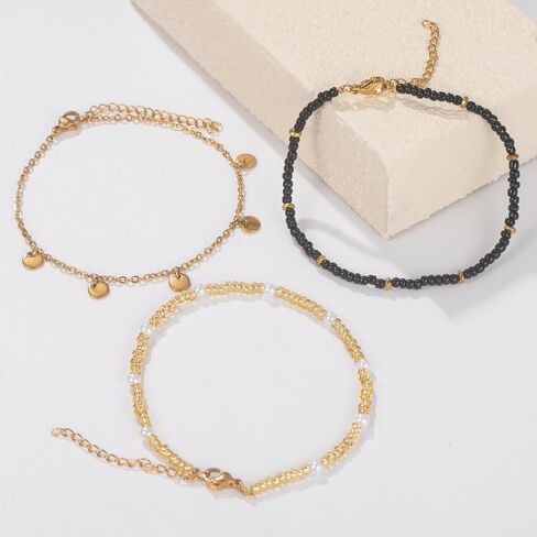 FANCY SHINY Beaded Ankle Bracelets Gold Stainless Steel Anklets Adjustable Boho Anklet Set for Women in Saudi Arabia