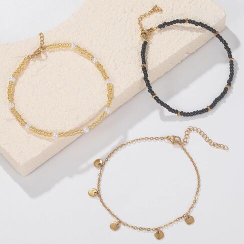 FANCY SHINY Beaded Ankle Bracelets Gold Stainless Steel Anklets Adjustable Boho Anklet Set for Women in Saudi Arabia