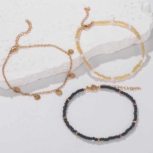 FANCY SHINY Beaded Ankle Bracelets Gold Stainless Steel Anklets Adjustable Boho Anklet Set for Women in Saudi Arabia