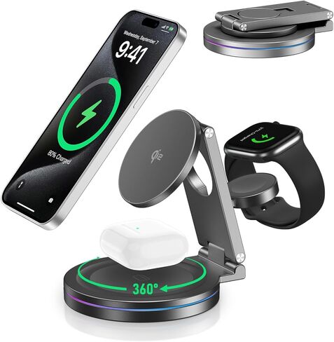 2025 Upgraded Qi2 Foldable Rotatable Zinc Alloy 3 in 1 Magnetic Wireless Charging Station, Compatible with Apple iPhone 12~16,Smartwatch,AirPods.30W Adapter & Case Included(Silver) in Kuwait
