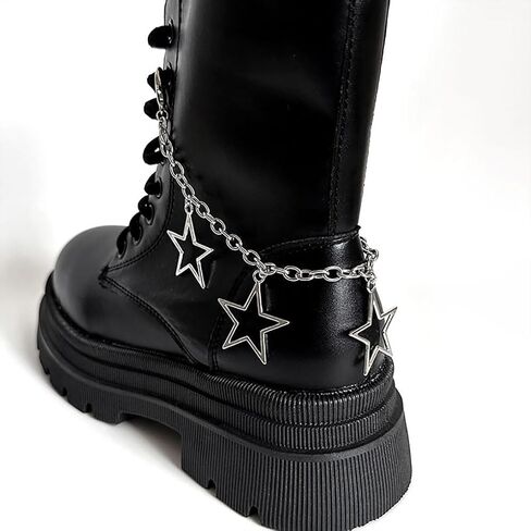 2 Pcs Hollow Stars Shoelace Charms Stylish Metal Boot Chain with Clasp Sneaker Chain Ankle Bracelets Anklets Jewelry DIY Accessories for Women Girls Christmas Gift, Silver in Kuwait