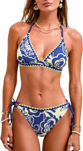 CUPSHE Women's Bikini Sets Two Piece Swimsuit V Neck Halter Back Self Tie Stitching Side Lace Up in Kuwait