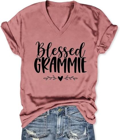Womens Tops Blessed Grammie Shirt V Neck Short Sleeve Blouse Mom Life T Shirt Graphic Tees in Saudi Arabia