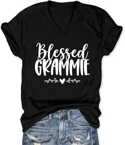 Womens Tops Blessed Grammie Shirt V Neck Short Sleeve Blouse Mom Life T Shirt Graphic Tees in Saudi Arabia