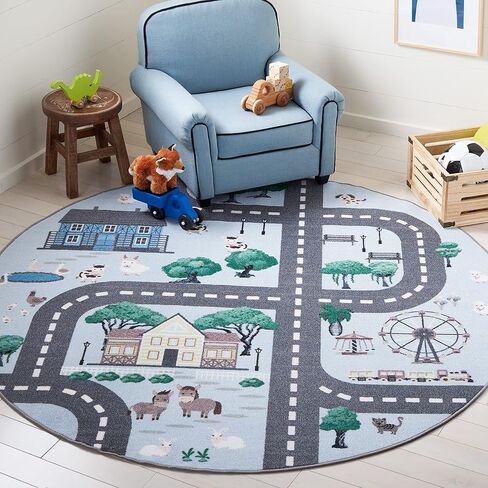 Safavieh Kids Playhouse Collection Collection سجادة - 3'3 "رمادية زرقاء وأزرق داكن ، قابلة للغسل في الآلة ومقاومة للانزلاق ، تصميم طريق في القرية ، مثالي لغرفة نوم الأطفال ، غرفة اللعب ، الحضانة (KPH235M -3R) in Saudi Arabia