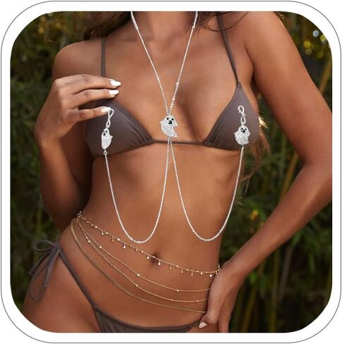 Rhinestone Ghost Nipple Noose Necklace Non Piercing Sexy Silver Bra Chain Jewelry With Nipple Clamp for Women Bikini in Saudi Arabia