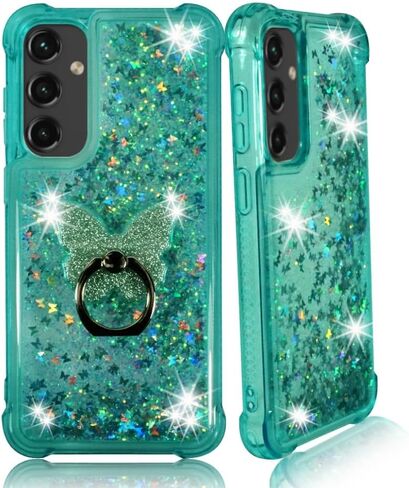 Zase Phone Case for Samsung Galaxy A25 5G Clear Liquid Sparkly Bling Cute Floating Glitters 3D Butterflies Quicksand Shockproof Soft Durable Cover w/Phone Ring Holder (Gradient Blue Purple) in Kuwait